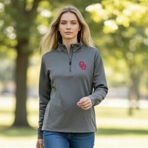 Ncaa OU Oklahoma Sooners Gray Red 1/4 Zip Womens Small Pullover Jacket Football
